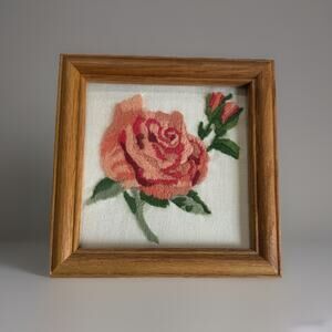 Vintage Crewel Embroided Roses Wood Framed Picture Art 7.5”x7.5”